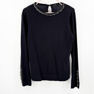 Basler Sweater Size 38 (S/M) Wool Silk Blend Black Long Sleeve Faux Leather Bead